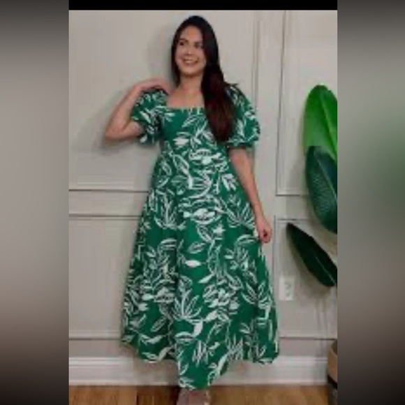 Meadow Rhodes Midi Dress Green & White Cotton Leaf Print Puff Sleeve 
size XL - Picture 4 of 12